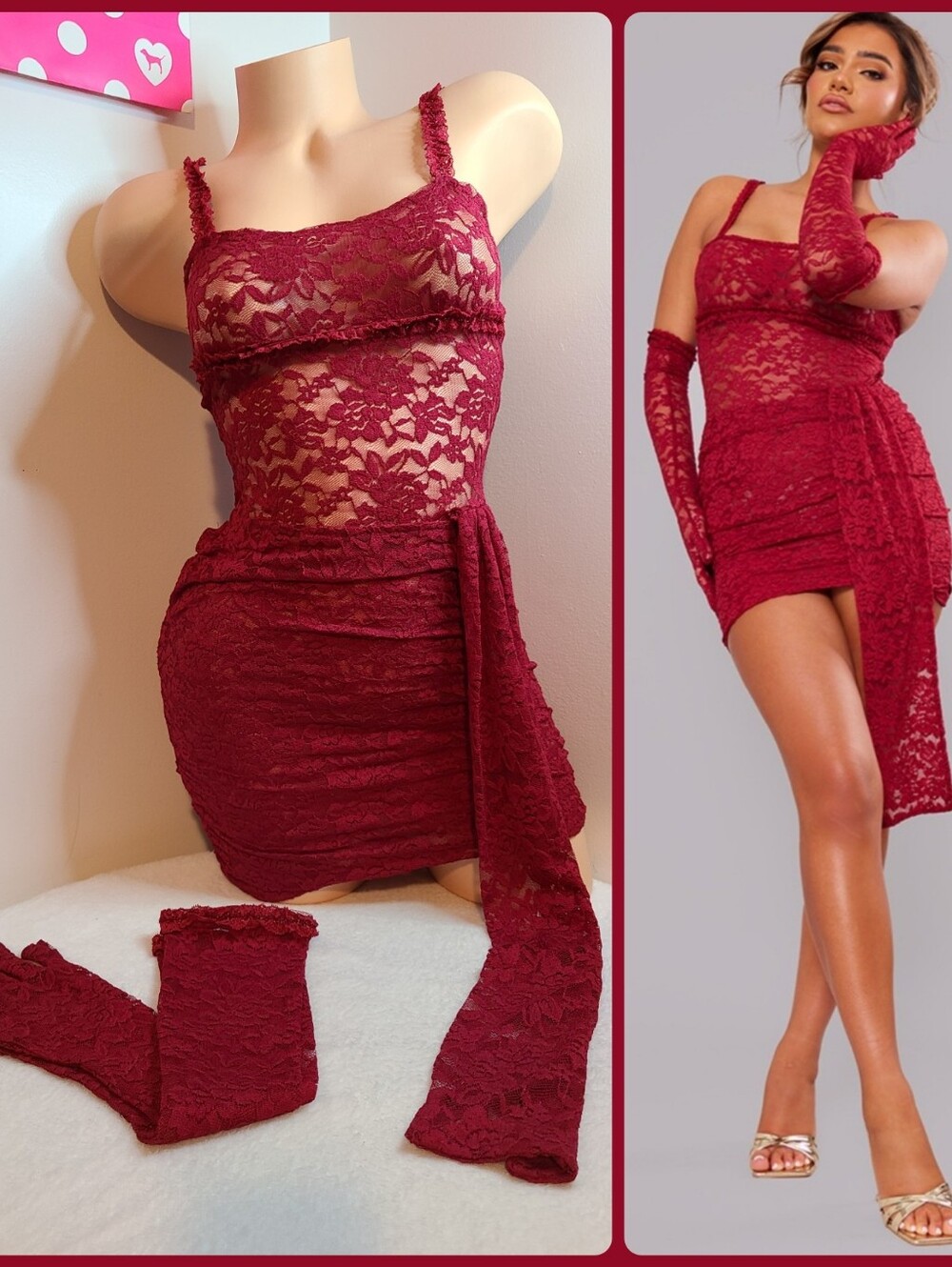PrettyLittleThing Cherry Red Lace Drape Mini Dress With Gloves Size 4 - NWT